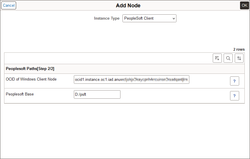 Add Node page for PeopleSoft Client, Step 2/2