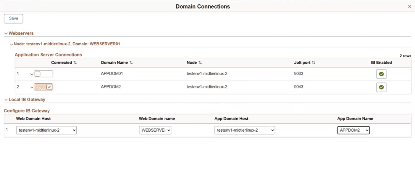 Domain Connections page with Local IB Gateway section