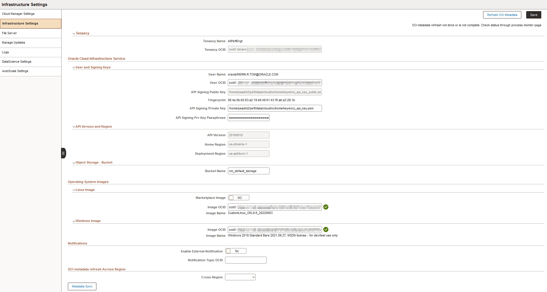 Infrastructure Settings page