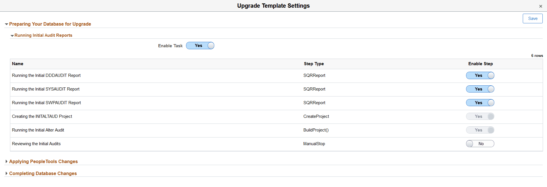 Upgrade Template Settings page