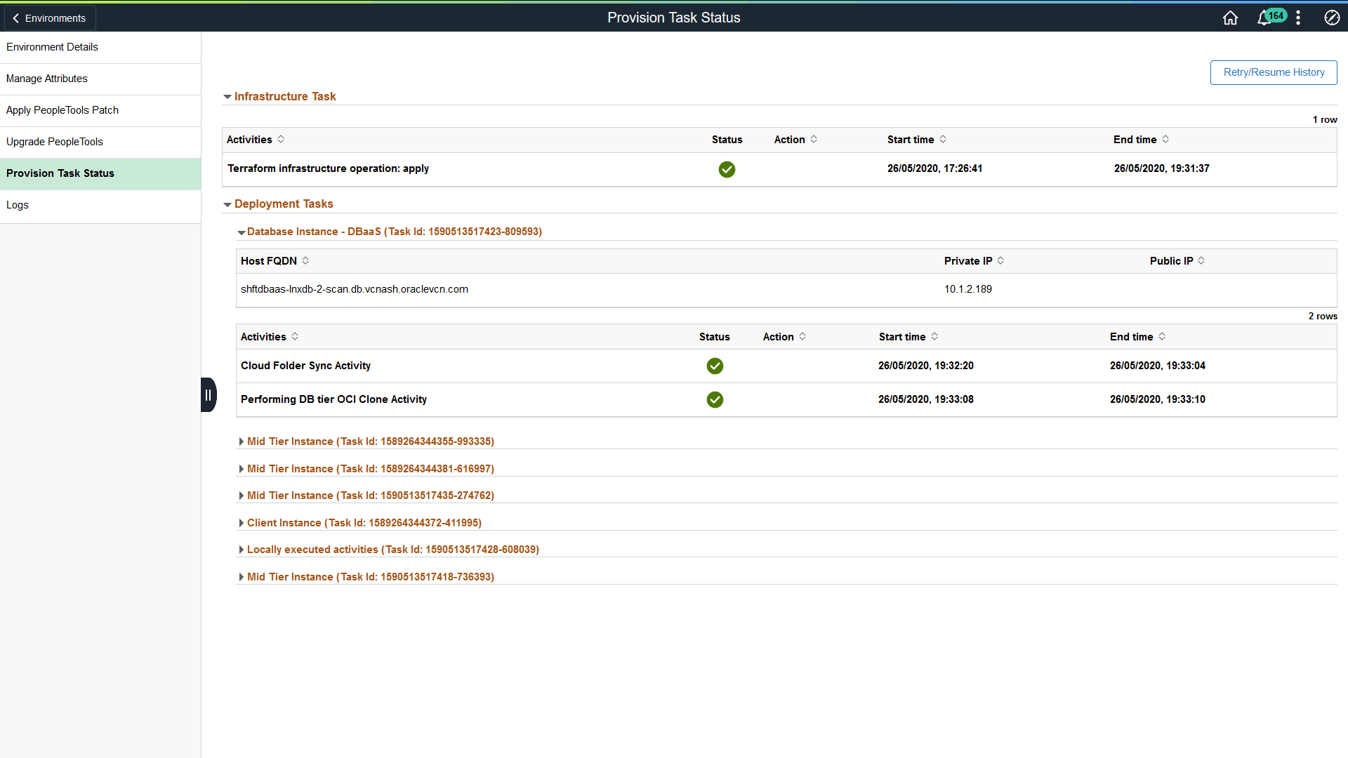 Provision Task Status for restore operation