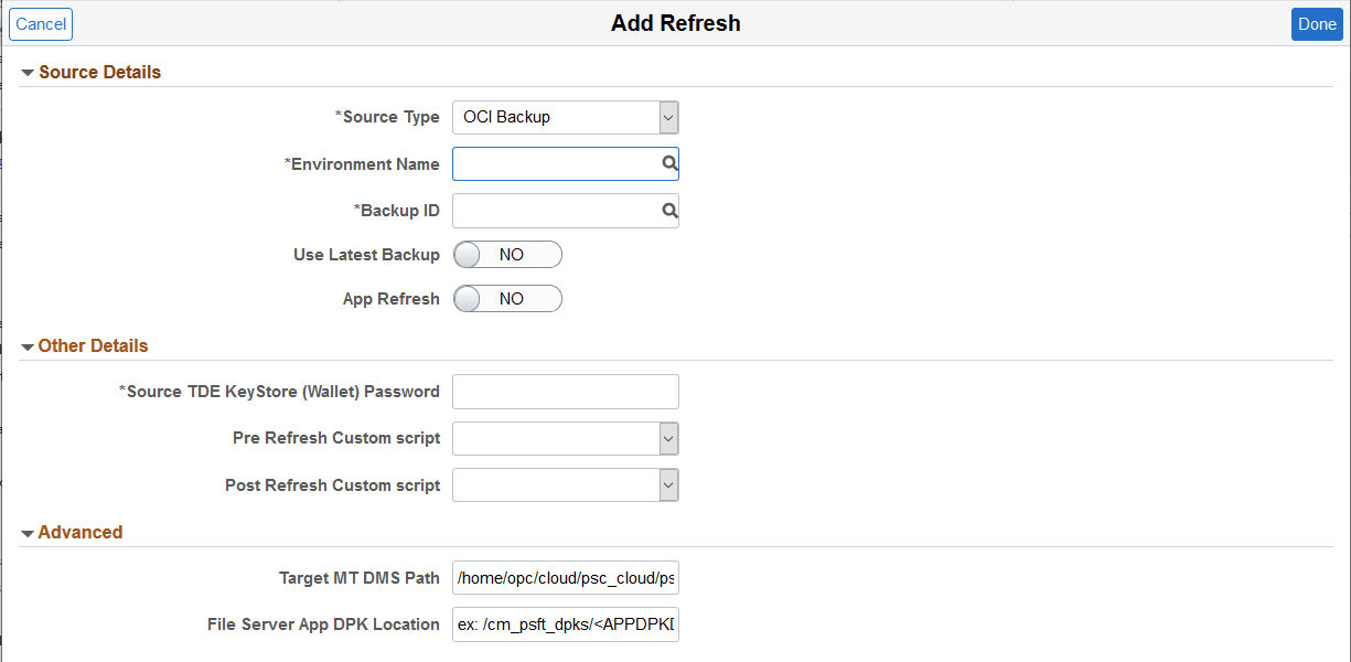 Add Refresh page where Source Type is OCI Backup