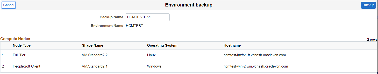 Environment Backup page