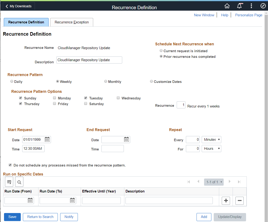Recurrence Definition - CloudManager Repository Update