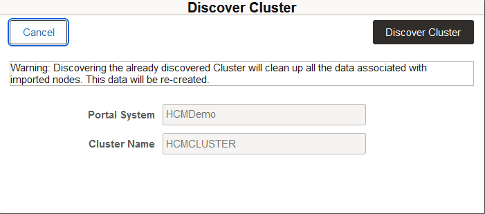 Discover Cluster dialog box for an existing cluster.