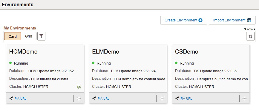 Environment cards showing cluster labels.