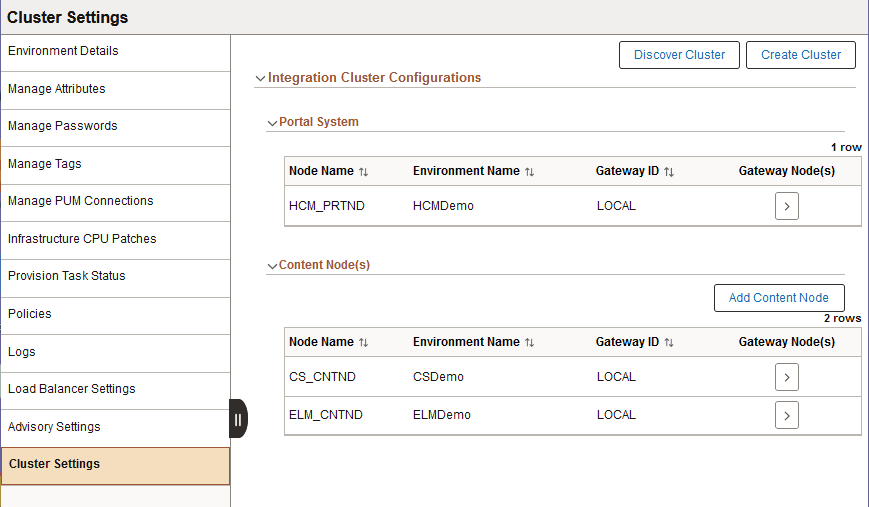 Cluster Settings page with a Portal System and two Content Nodes