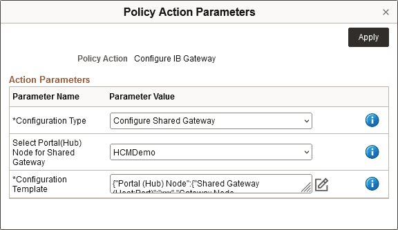Policy Action Parameters dialog box for Configure IB Gateway