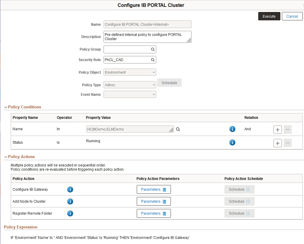 Configure IB PORTAL Cluster policy page