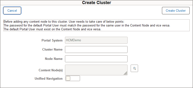 Create Cluster dialog box