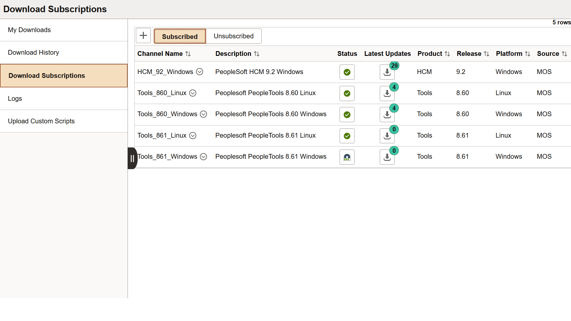 Download Subscriptions page