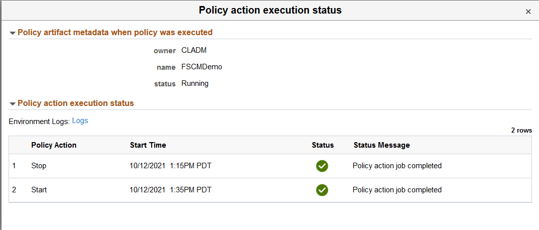 Policy action execution status