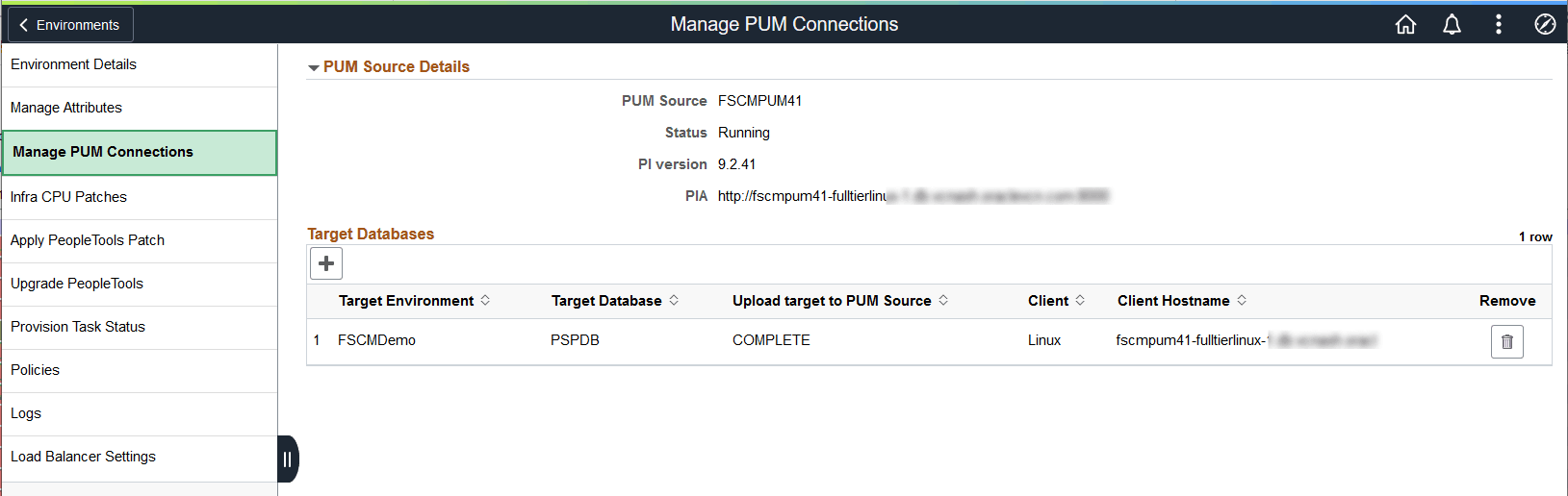 Manage PUM Connections page