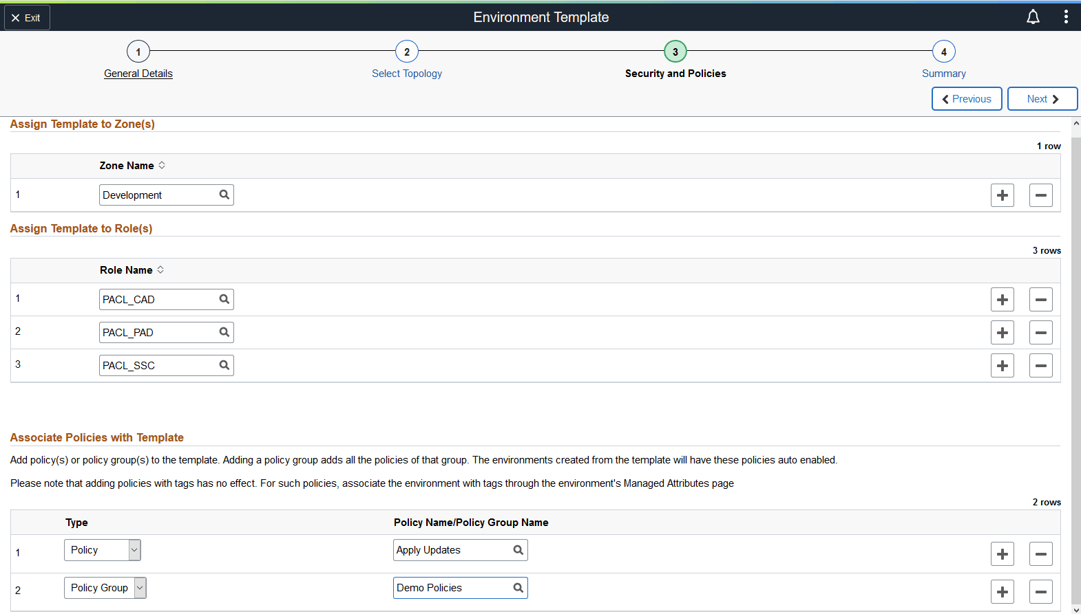 Environment Template - Security and Policies page
