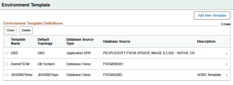 Environment Template Definitions page