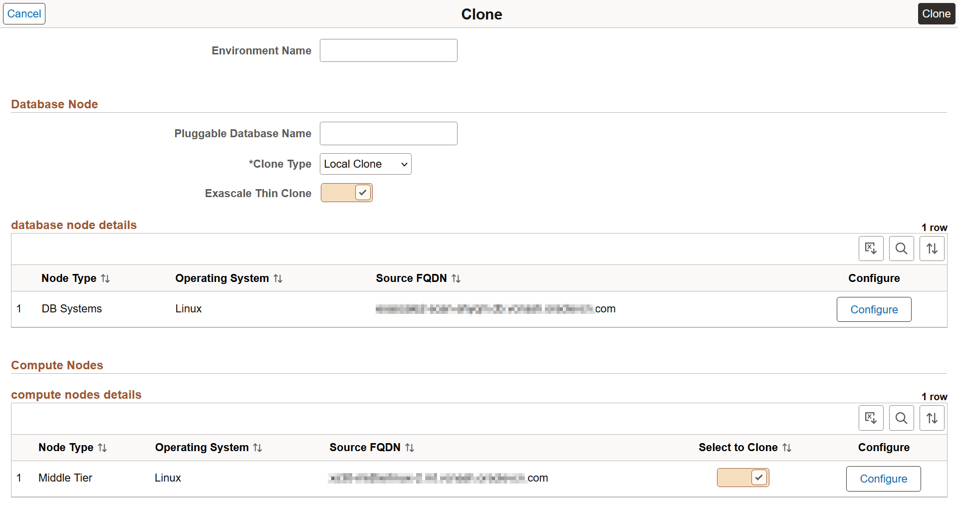 Configuration page for selecting Thin Clone option for Exascale databases