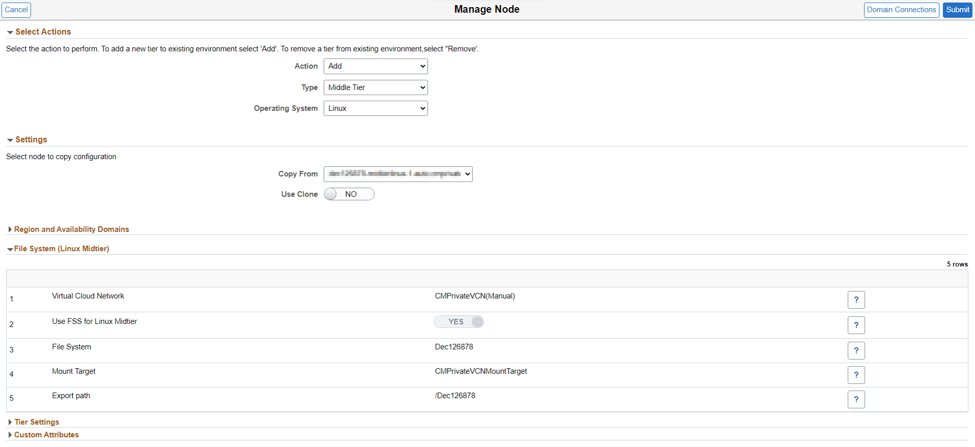 Manage Node page - Add Middle Tier with FSS