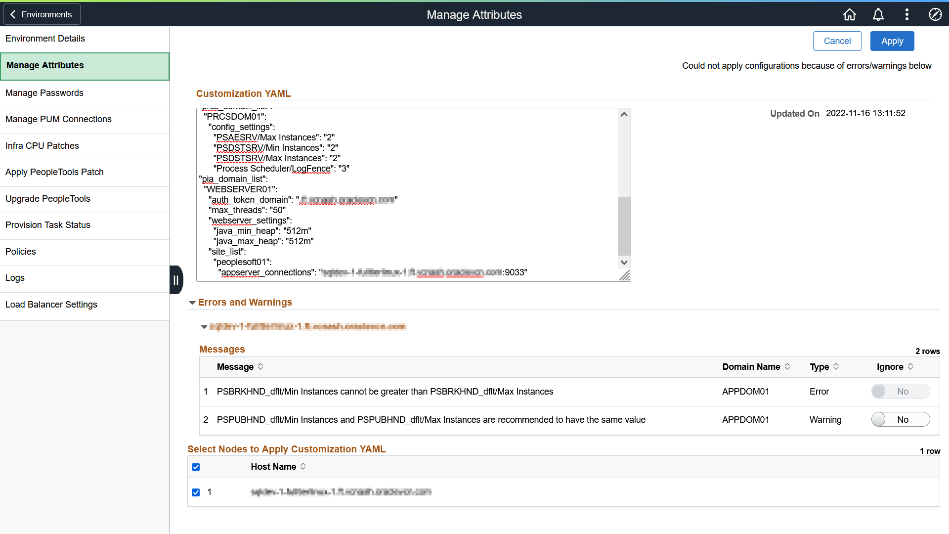 Errors and Warnings on applying customization YAML