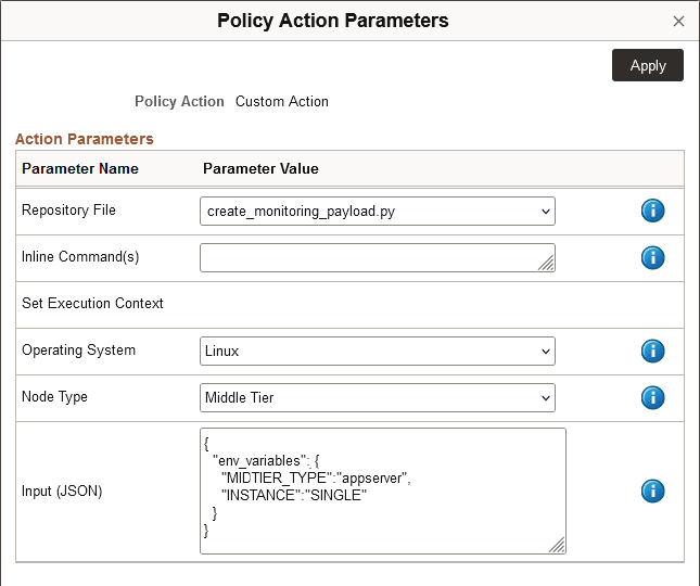 Policy Action Parameters dialog box for Custom Action