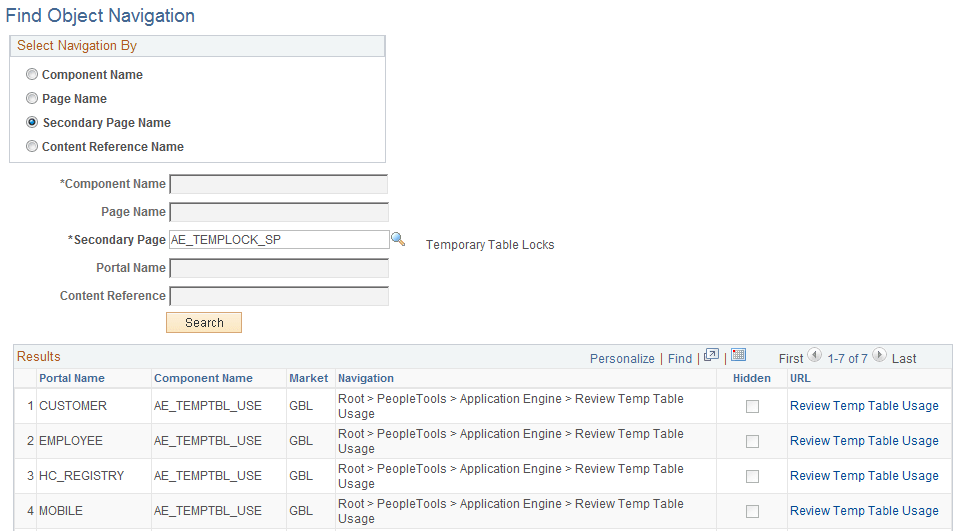 Find Object Navigation page showing search criteria of secondary page name