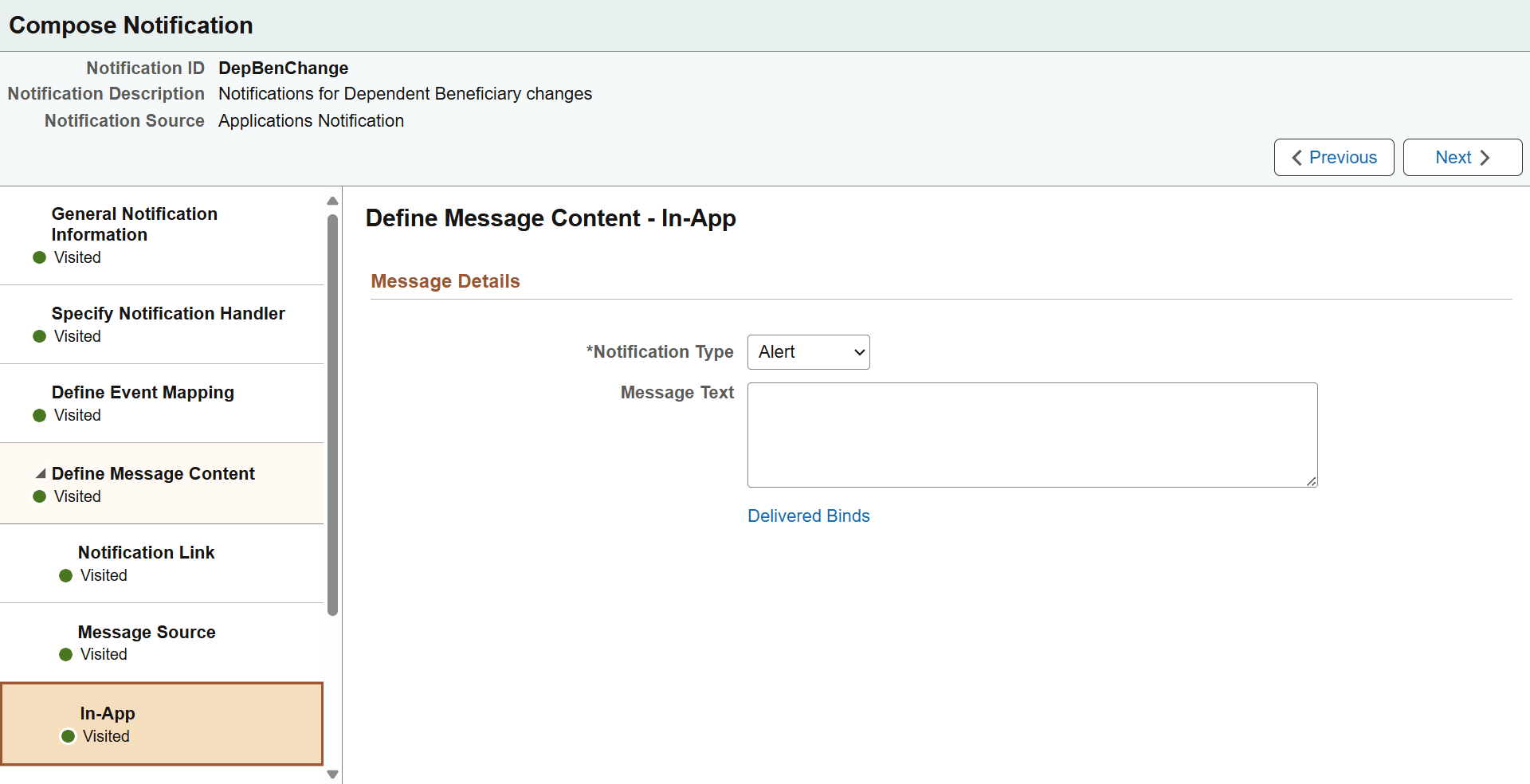 Compose Notification - Define Message Content - In-App page (with Custom Text source, Alert type)