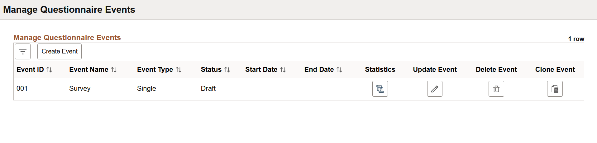 Manage Questionnaire Events page