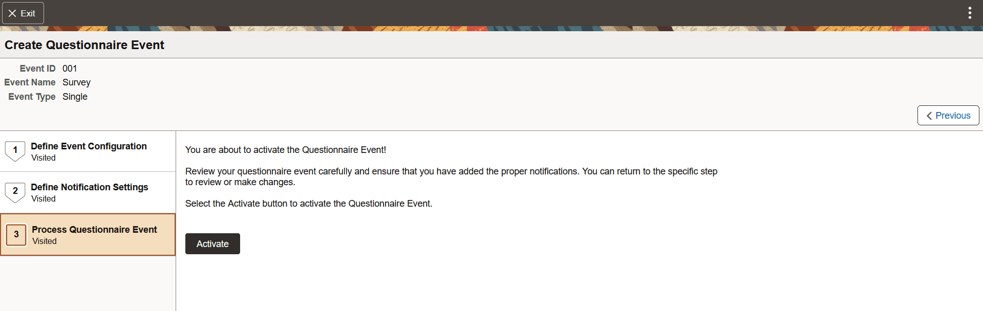 Process Questionnaire Event page before activation