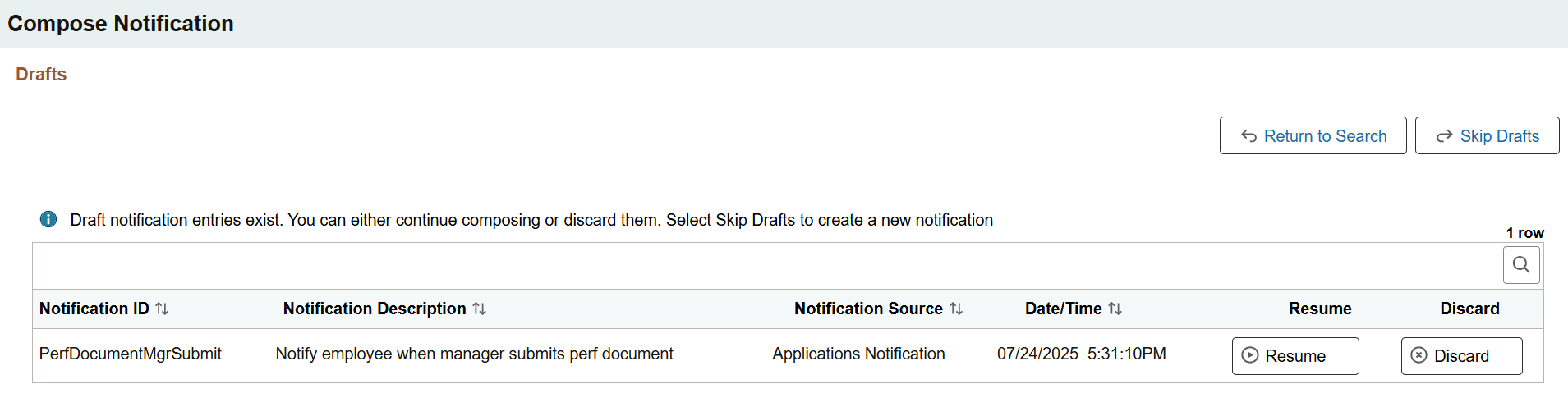 Compose Notification - Drafts page