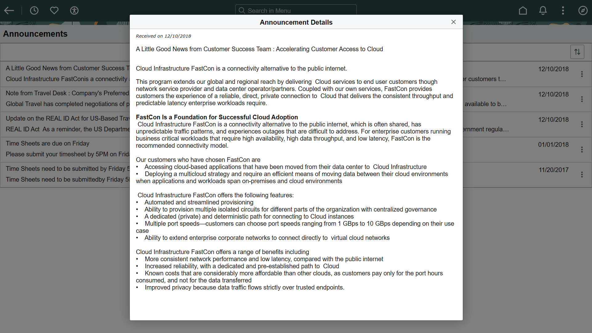Announcement Details page (modal) showing an announcement message