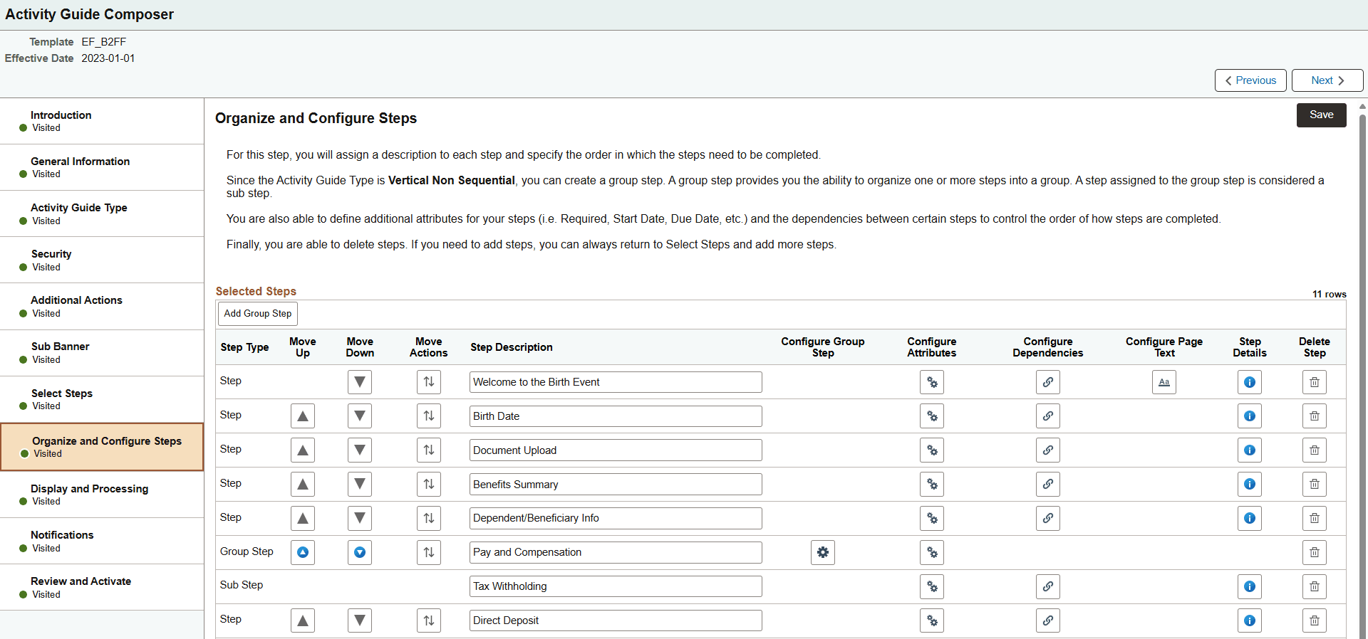 Activity Guide Composer - Organize and Configure Steps page