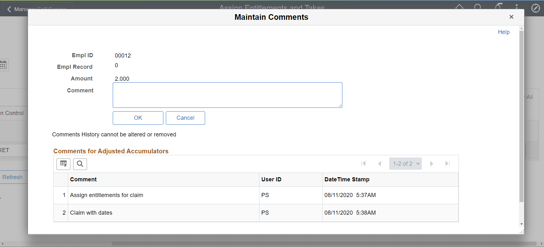 Assign Entitlements and Takes Comments Modal