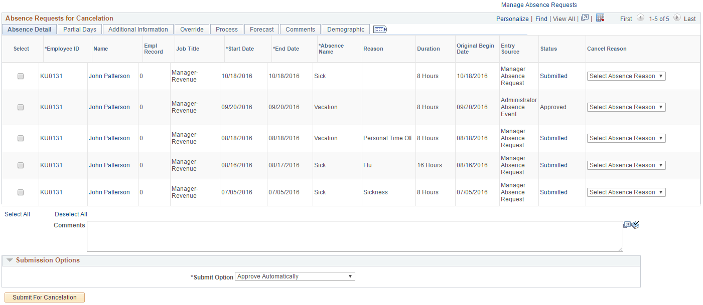 Absence Requests for Cancelation grid