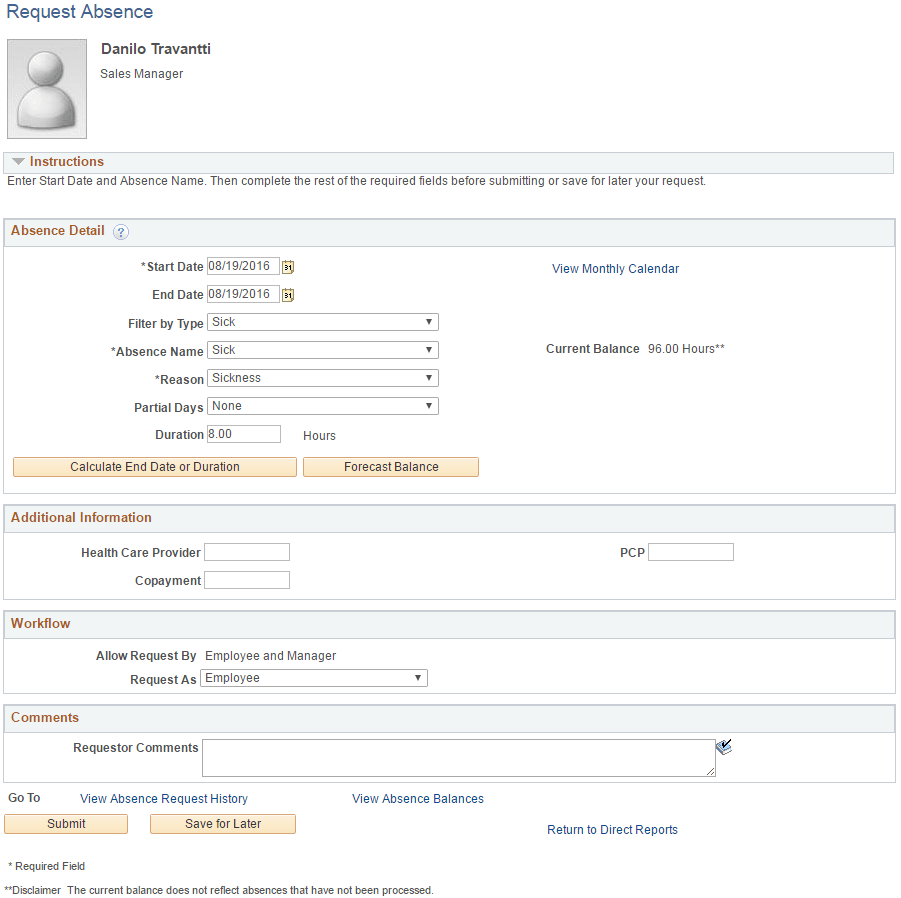 Request Absence page