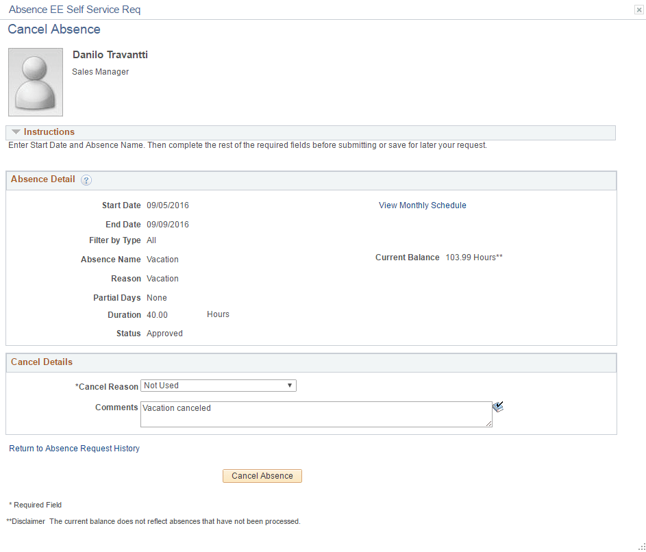 Cancel Absence page
