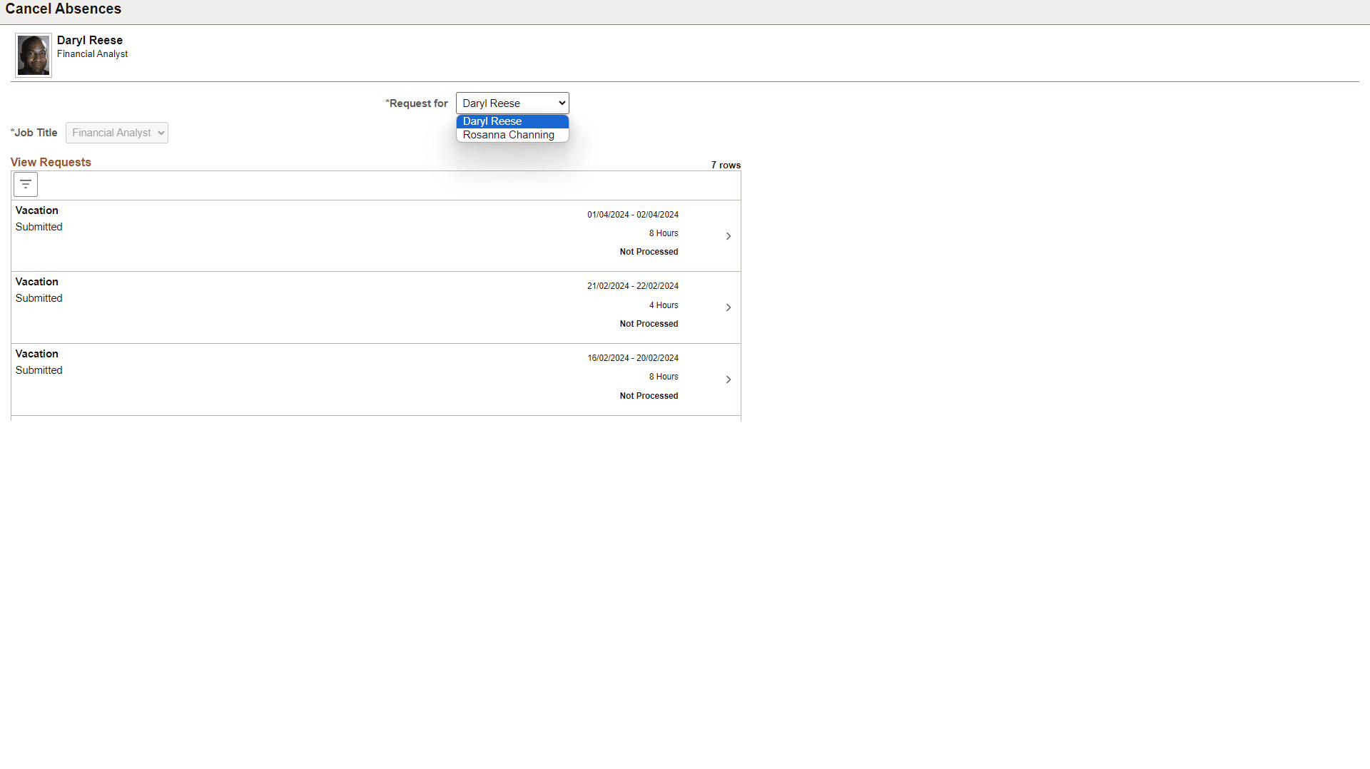 Cancel Absences page with proxy enabled
