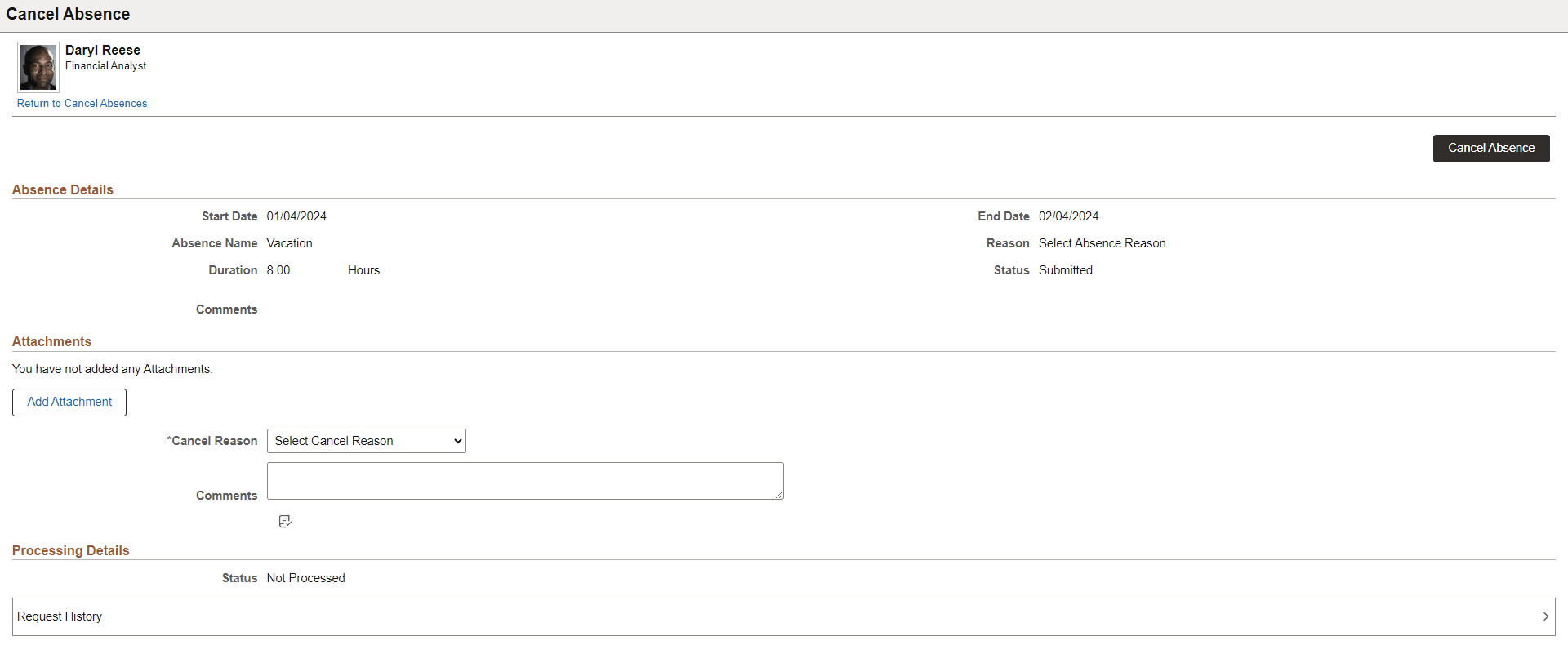 Cancel Absence details page