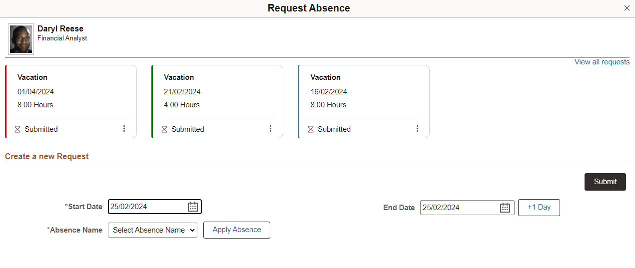 Request Absence Modal for Child absence entry