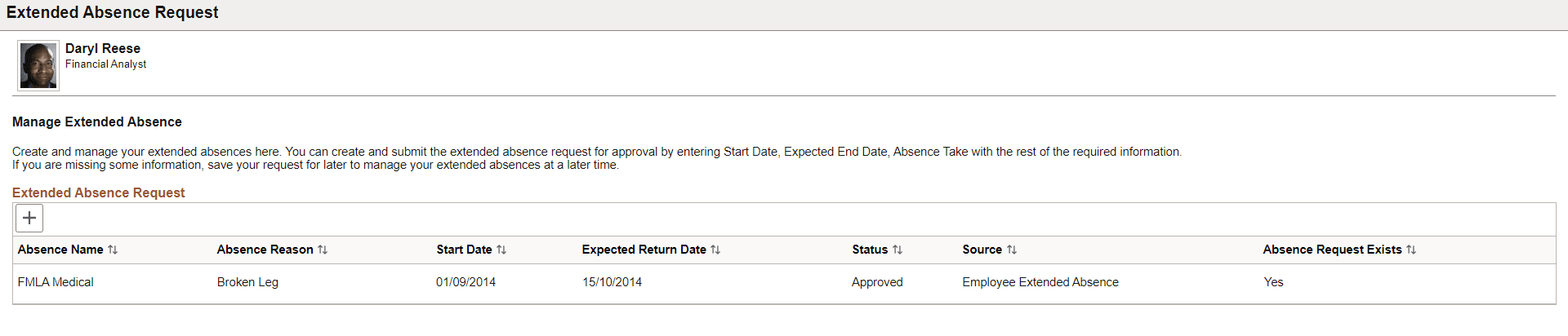 Extended Absence Request page with a request