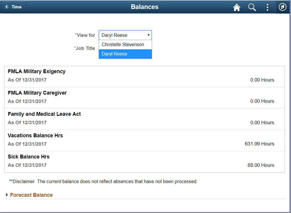 Absence Balances page with Delegation