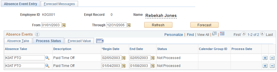 Absence Event Entry page - Process Status tab