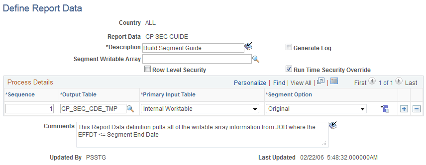 Define Report Data page