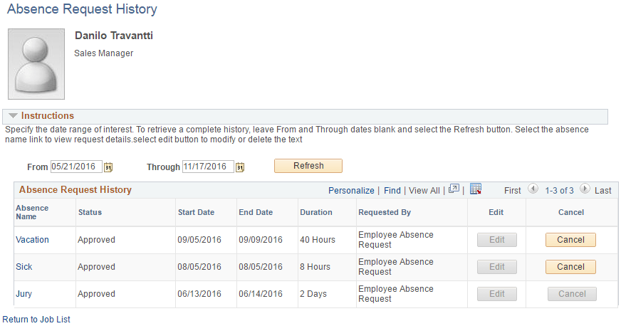 Absence Request History page