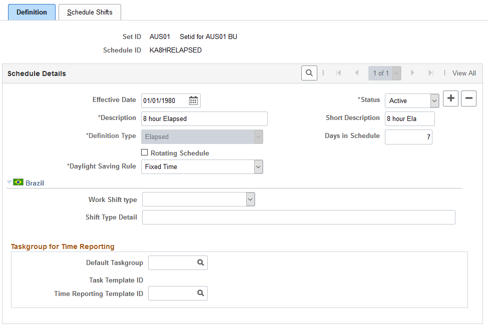 Schedules - Definition page