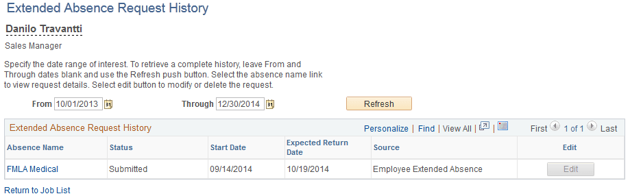 Extended Absence Request History page