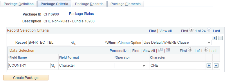 Package Criteria page