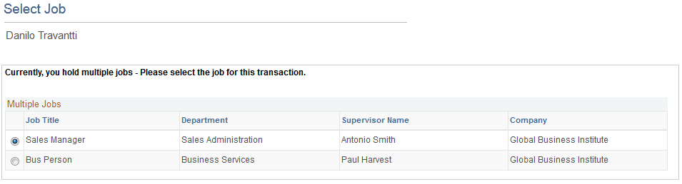 Select Job page for an absence request