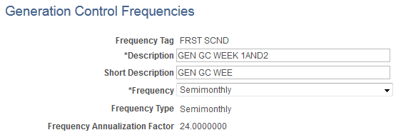 Generation Control Frequencies page