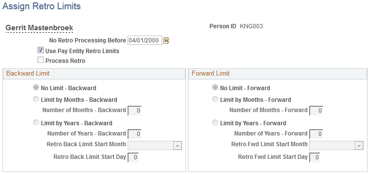 Assign Retro Limits page