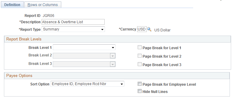 Generic Reports - Definition page