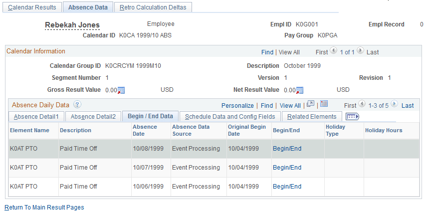 Absence Data page: Begin/End Data tab